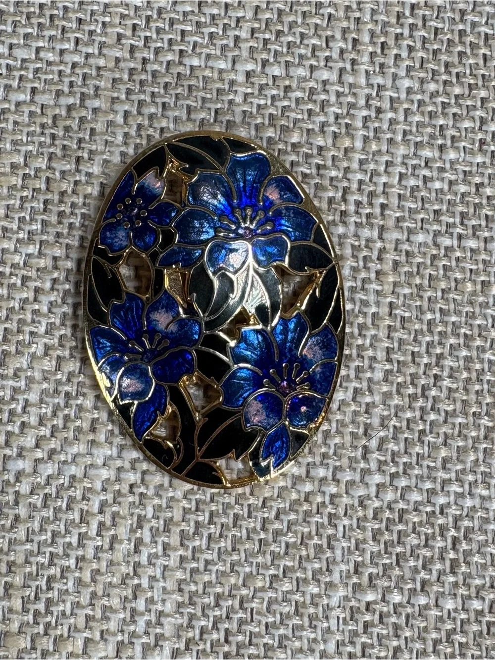 Gold Floral Enamel Blue Oval Brooch